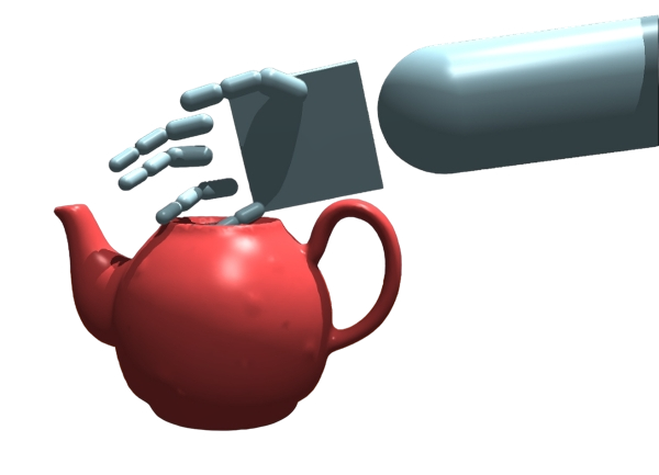 Hand at a misplaced wrist pose above a kettle; no grasp is possible